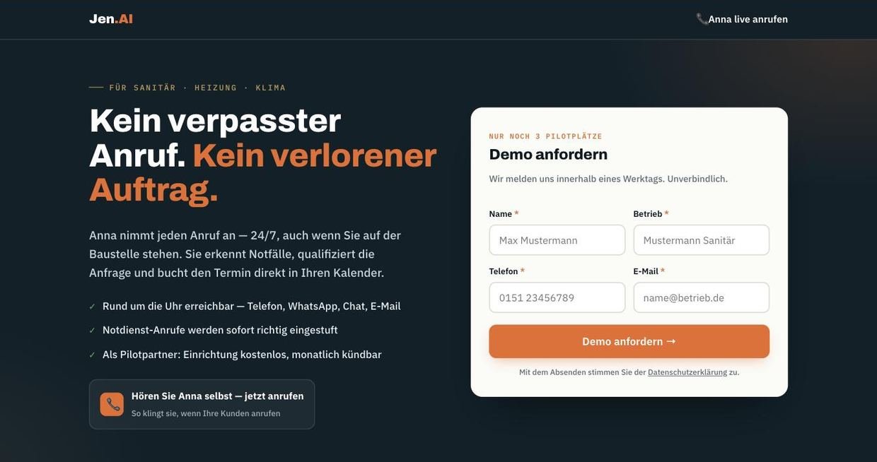 Landingpage fuer SHK-Betriebe mit Demo-Formular